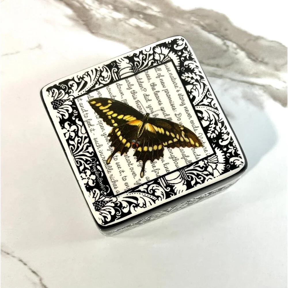 Swallowtail Butterfly ceramic Trinket Jewelry Box Black and White Demdaco
